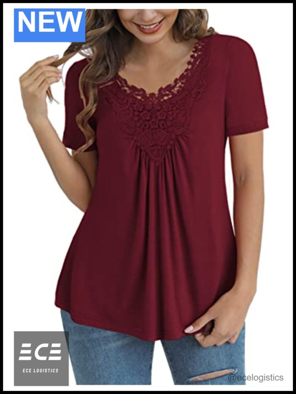 Tralilbee Women's Plus Size Lace Crochet Tunic Top Short Sleeve V-Neck Blouse